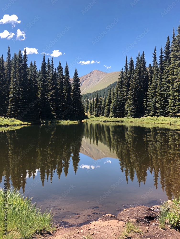 A tranquil mountain lake reflecting the surrounding trees and a mountain peak in the distance on a sunny day. A tranquil mountain lake reflecting the surrounding trees and a mountain peak in the distance on a sunny day.