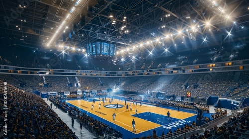 Sold Out Arena with Spectators Watching National Basketball Tournament Match. Teams Play, Diverse Crowds of Fans Cheer. Sports Channel Live Television Broadcast. Establishing Wide High Angle Footage