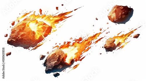 Flaming Meteorite Falling From Space Isolated On White