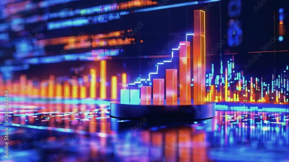 A digital representation of data analytics with colorful bar graphs and metrics. A digital representation of data analytics with colorful bar graphs and metrics.