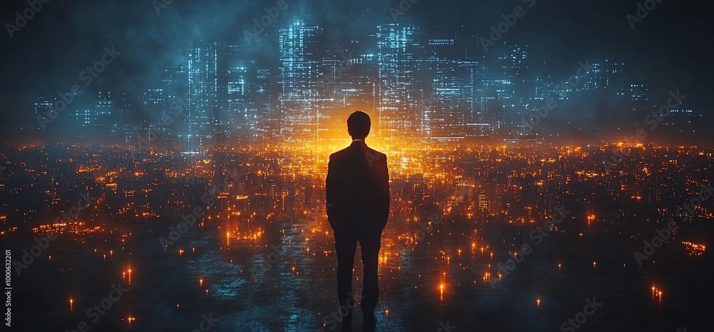 Silhouette of a man standing in front of a futuristic cityscape at night. Silhouette of a man standing in front of a futuristic cityscape at night.