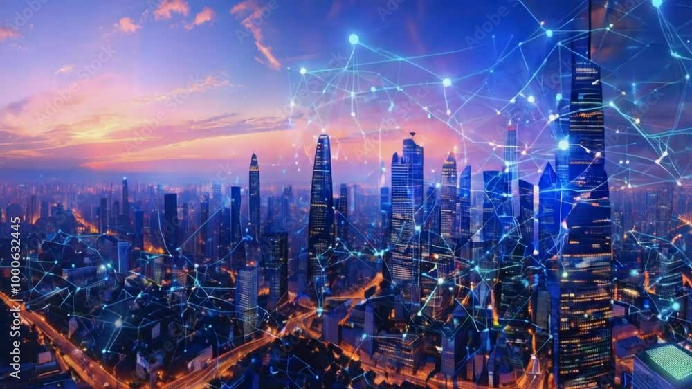 custom made wallpaper toronto digitalA city skyline with a digital network overlay at sunset.