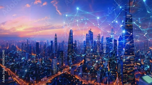 Wallpaper Mural A city skyline with a digital network overlay at sunset. Torontodigital.ca