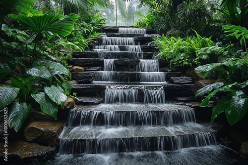 Fototapeta Naklejka Na Ścianę i Meble -  Cascading waterfall flowing down a stone staircase surrounded by lush greenery.