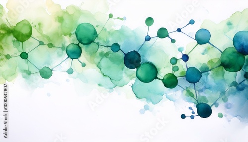 Abstract watercolor with green and blue molecules photo