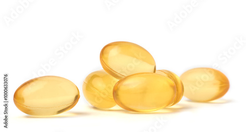 Konstfotografi close-up macro view of fish oil capsules or pills isolated white background, die