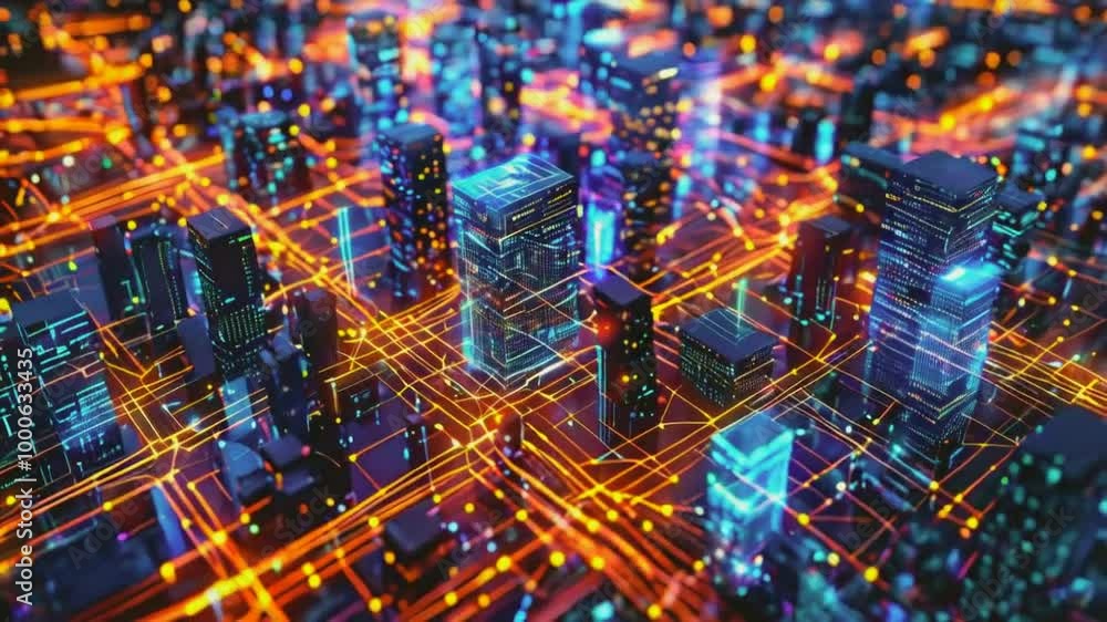 A digital cityscape with glowing circuits and skyscrapers representing technology and connectivity. A digital cityscape with glowing circuits and skyscrapers representing technology and connectivity.