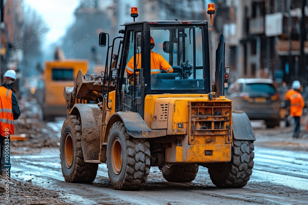 Heavy loader navigates a muddy urban construction site with workers in safety gear. Urban road development concept Heavy loader navigates a muddy urban construction site with workers in safety gear. Urban road development concept