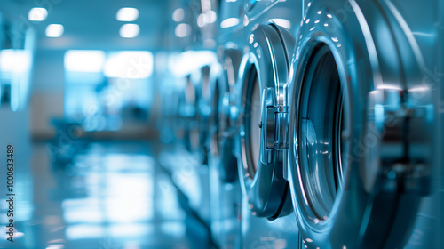 Close-up view of washing machines in a modern laundromat with a sleek industrial design