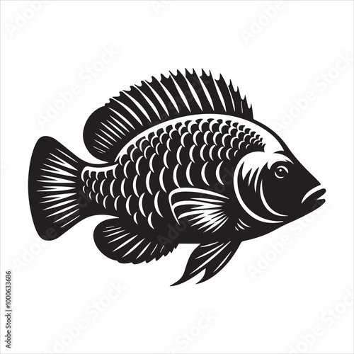 Nile tilapia Fish Vector illustration in black and white - Fish Clipart Design

