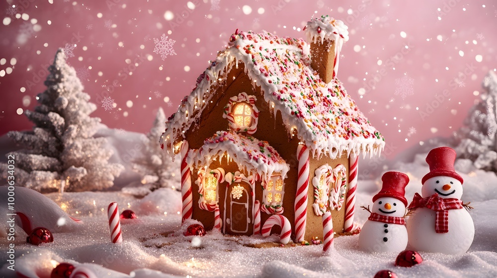 Fototapeta premium A cute gingerbread house with candy cane pillars, snowman windows, and glowing lights, set on a pink background with twinkling snowflakes and candy cane accents