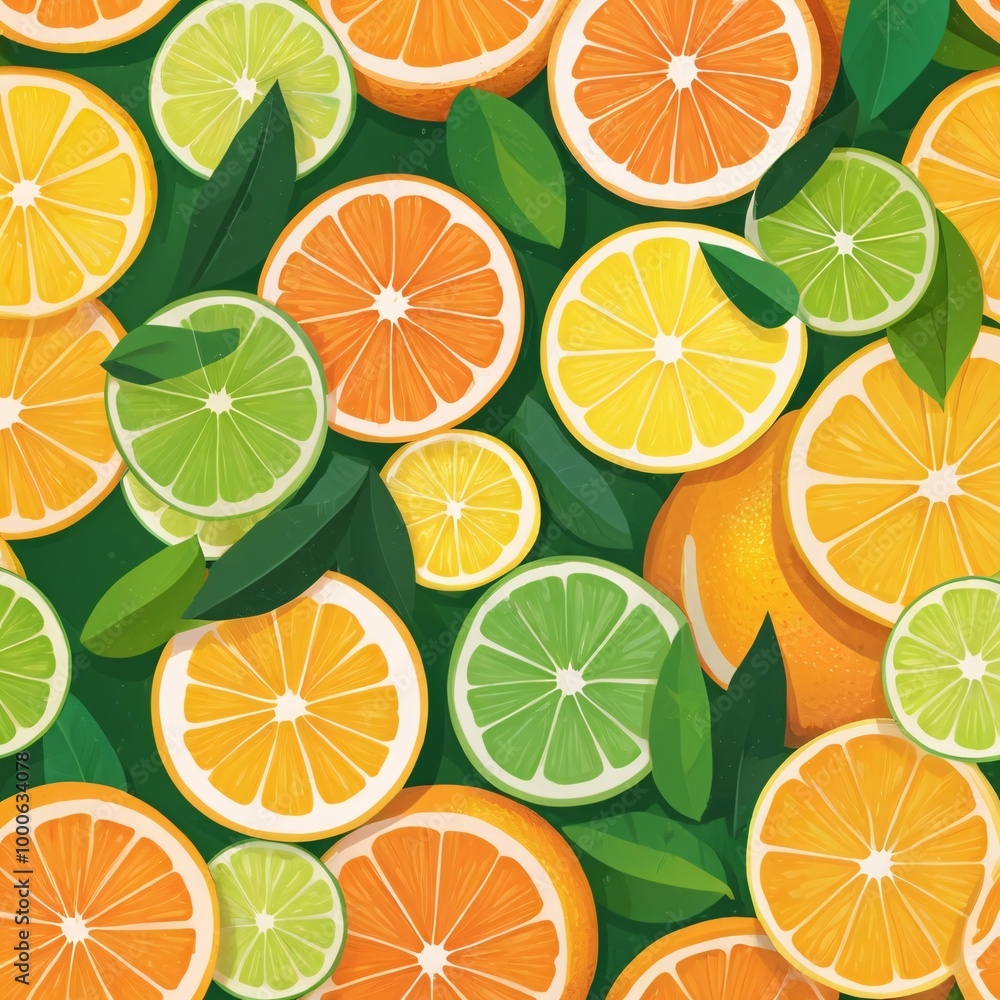 Obraz premium A vector design of a citrus fruit mix, featuring sliced oranges, lemons, and limes, with bright colors and a fresh appearance 