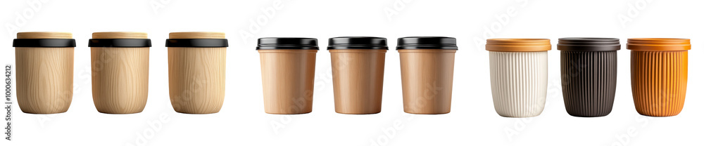 Eco-friendly coffee tumblers, minimal design, warm earth tones, diverse shapes, reusable drinkware assortment. Transparent background. Eco-friendly coffee tumblers, minimal design, warm earth tones, diverse shapes, reusable drinkware assortment. Transparent background.