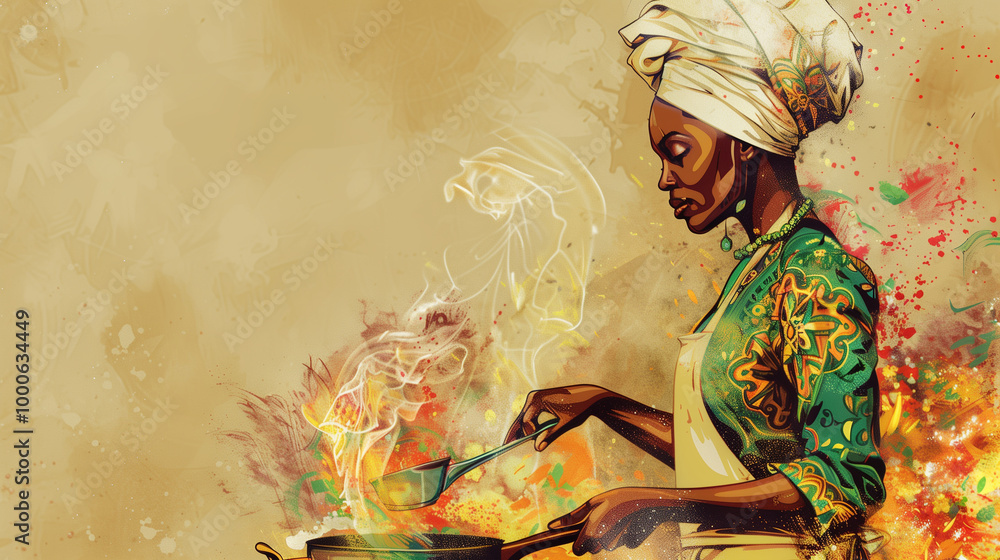 Fototapeta premium Abstract painting of a woman cooking with vibrant colors and swirling patterns, culinary art concept