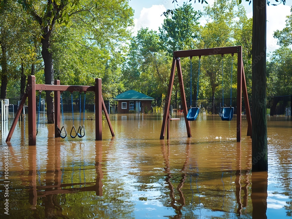 Flooded Playground Under Clear Sky Flooded Playground Under Clear Sky
