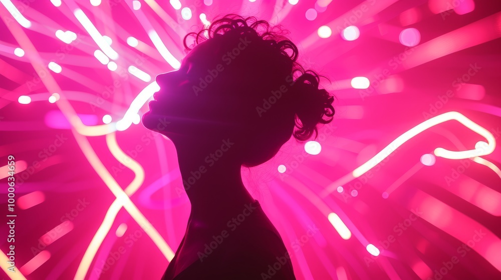 A dramatic silhouette of a woman with curly hair, illuminated by vibrant neon light bursts and abstract shapes, creating a futuristic, surreal composition. A dramatic silhouette of a woman with curly hair, illuminated by vibrant neon light bursts and abstract shapes, creating a futuristic, surreal composition.