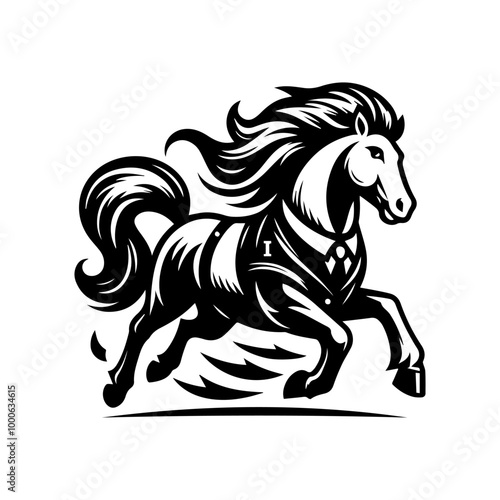 black and white logo of a running horse wearing a vest