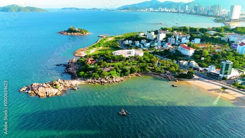 Beach Beautiful Hon Chong rock cape observatory country overlooking aerial view city jungle tropical highlands and mountains on the coast Southeast Asia in the day Nha Trang Vietnam photo