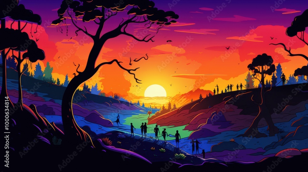 Fototapeta premium Silhouette of People Watching the Sunset over a Colorful Landscape