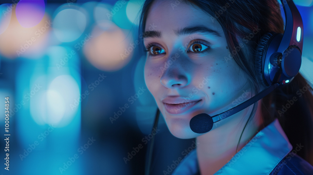 Friendly female customer service representative wearing a headset in a modern office setting Friendly female customer service representative wearing a headset in a modern office setting