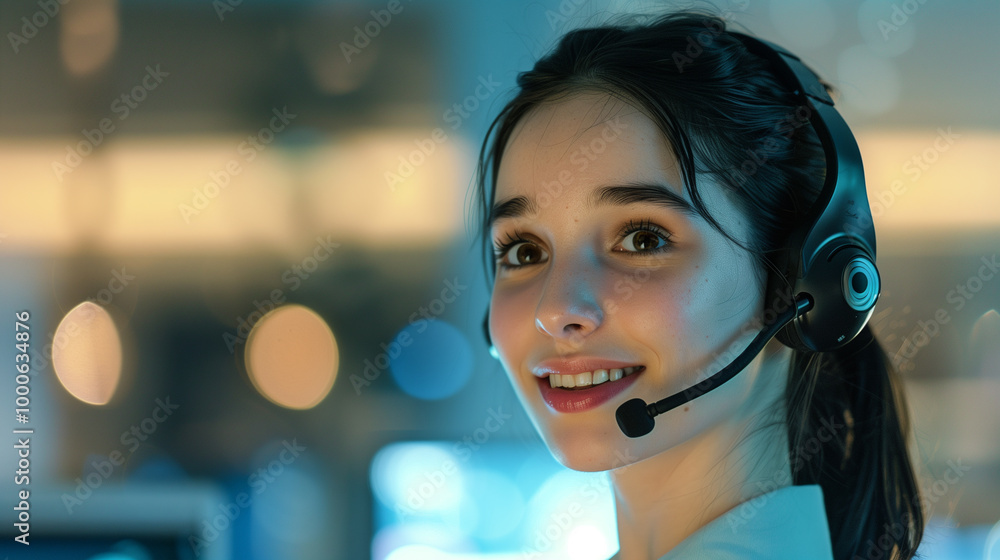 Friendly female customer service representative wearing a headset in a modern office setting Friendly female customer service representative wearing a headset in a modern office setting