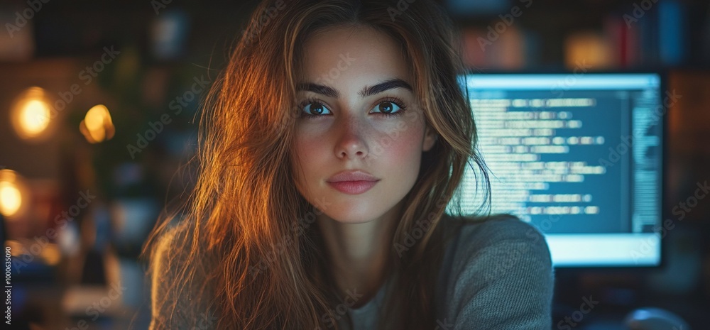 Woman looks away from computer screen, focused expression. Woman looks away from computer screen, focused expression.