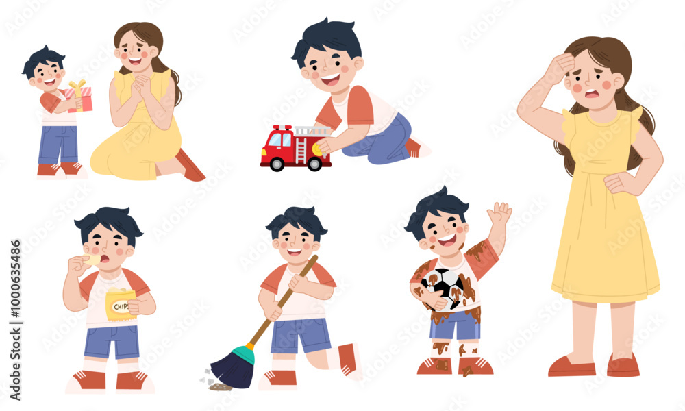 Vector illustration of little boy activities set Vector illustration of little boy activities set