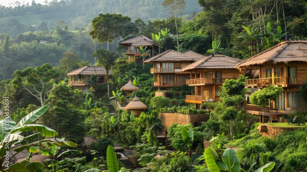 Stunning Bamboo Huts Nestled in Lush Tropical Jungle Landscape of Remote Mountain Village