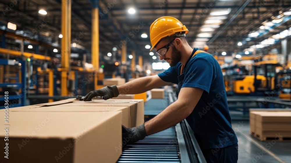 Worker on Production Line with Conveyor System Worker on Production Line with Conveyor System