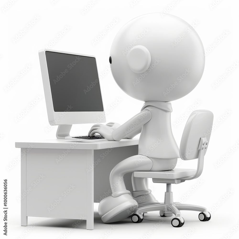 Cartoon 3D person working on a computer at a desk Isolated white background Cartoon 3D person working on a computer at a desk Isolated white background