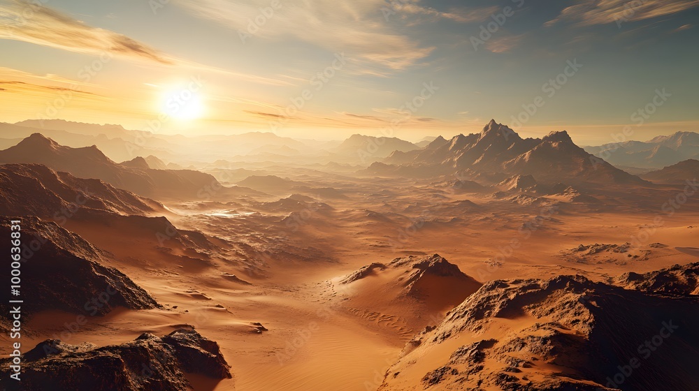 5. A mesmerizing depiction of a rocky planet featuring a dramatic desert scene, combining rugged mountains and vast sand dunes, all under the glow of a distant sun 5. A mesmerizing depiction of a rocky planet featuring a dramatic desert scene, combining rugged mountains and vast sand dunes, all under the glow of a distant sun