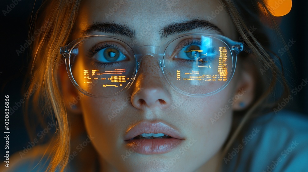 Young woman with glasses reflecting digital code. Young woman with glasses reflecting digital code.