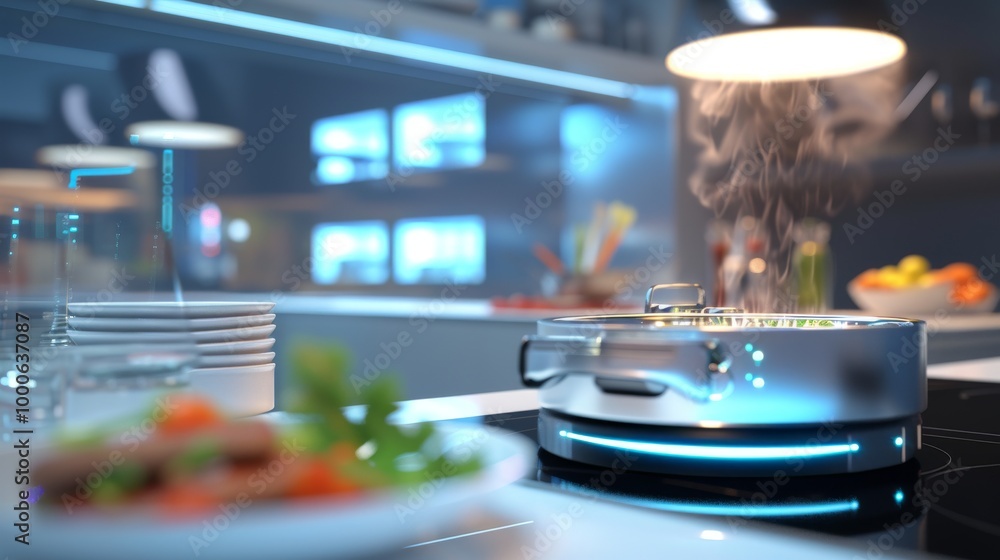 Steaming pan on a stovetop in a sleek, modern kitchen. Bright lighting highlights the stainless steel cookware, with soft focus on surrounding details, creating a futuristic and clean ambiance. Steaming pan on a stovetop in a sleek, modern kitchen. Bright lighting highlights the stainless steel cookware, with soft focus on surrounding details, creating a futuristic and clean ambiance.