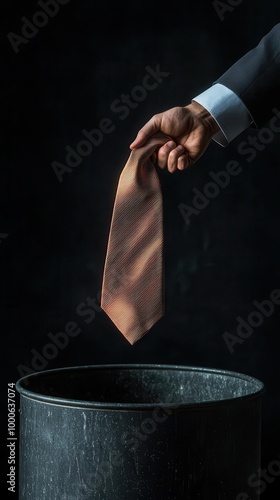 Worker throwing a tie into a trash bin, symbolizing the end of corporate life, dramatic shadows, Rejection of old career, embracing change
