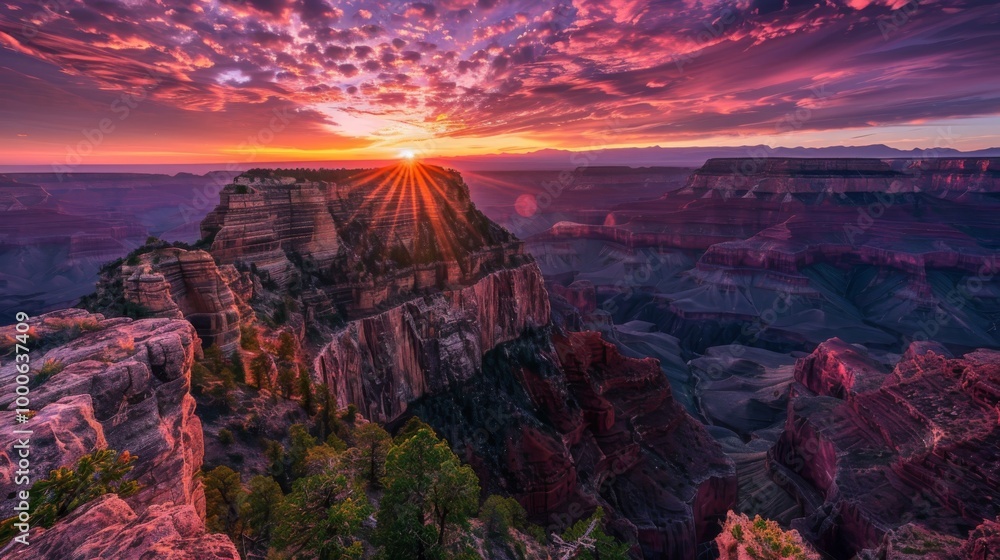Fototapeta premium Mountain cliff edge overlooking epic canyon landscape at sunrise with beautiful colorful sky and clouds