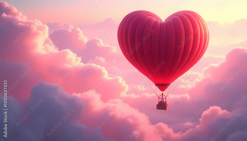 Obraz premium Red heart-shaped hot air balloon floating gracefully in dreamy pink clouds