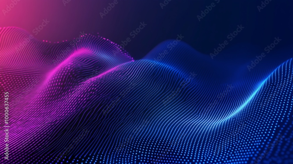 Fototapeta premium Abstract wave of particles in blue and pink hues on a black background.