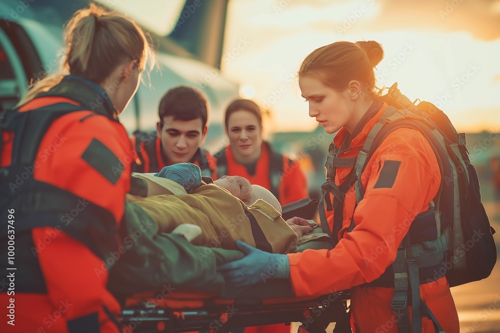 An emergency rescue team in orange uniforms providing critical care to a patient during an airlift mission, highlighting teamwork and medical response. An emergency rescue team in orange uniforms providing critical care to a patient during an airlift mission, highlighting teamwork and medical response.