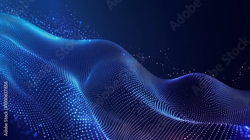 Abstract blue wave of glowing particles on dark blue background.