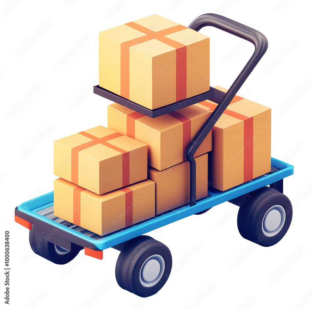 A blue cart with a stack of boxes on it. The cart is being used to transport the boxes A blue cart with a stack of boxes on it. The cart is being used to transport the boxes