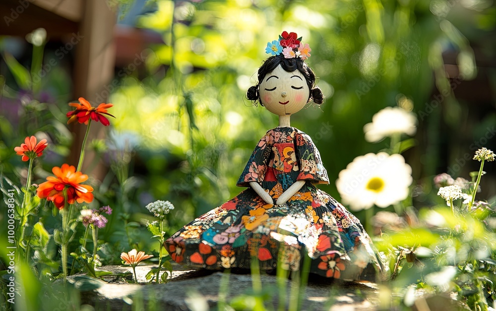 Naklejka premium A whimsical doll sits among vibrant flowers, embodying joy and creativity in a serene garden setting.