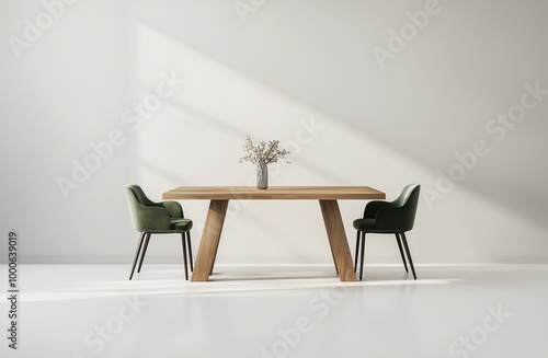 A modern solid wood dining table with a simple design, rectangular shape, and a long top in an oak color