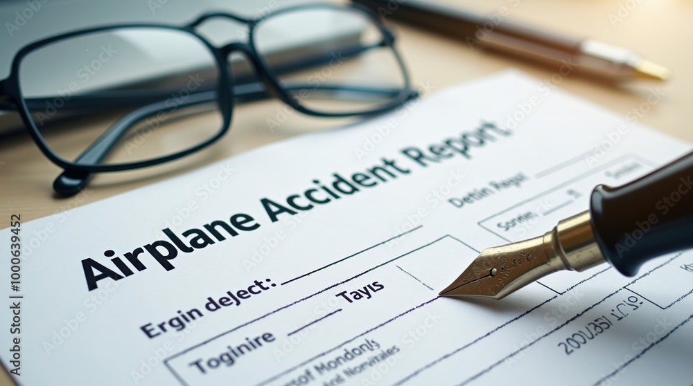 Airplane accident report with fountain pen and glasses Airplane accident report with fountain pen and glasses