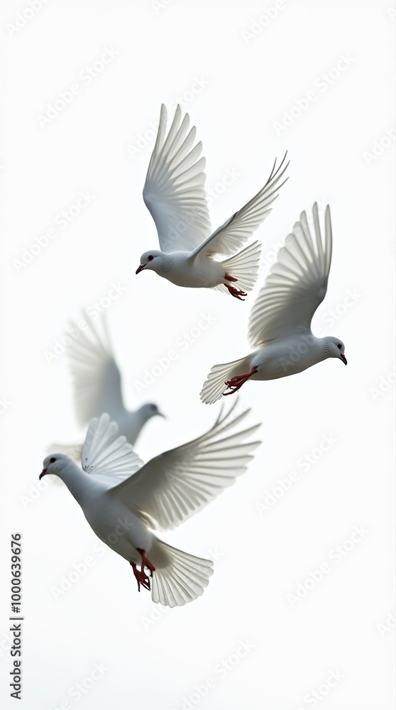 Fototapeta premium Close up of three pigeons gracefully flying in the sky