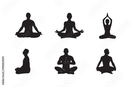 Set of men's yoga meditating silhouette.