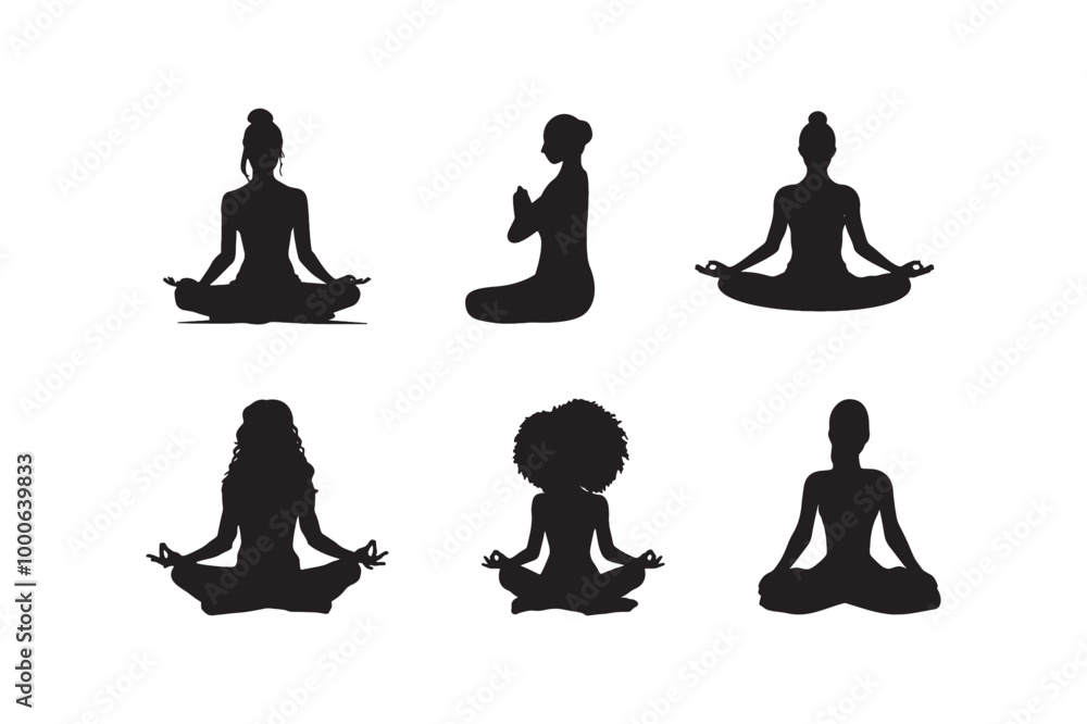 Set of women's yoga meditating silhouette. Set of women's yoga meditating silhouette.