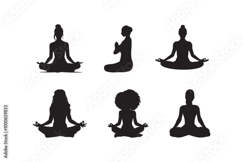 Set of women's yoga meditating silhouette.