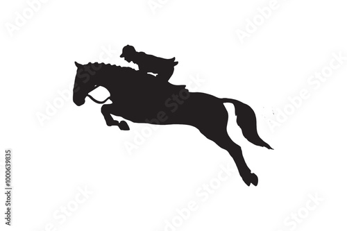 Silhouette of a rider jumping on a horse.