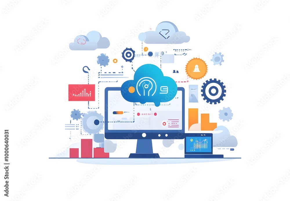 Illustration of an AI software platform with computers, gears, and clouds on a white background. Illustration of an AI software platform with computers, gears, and clouds on a white background.