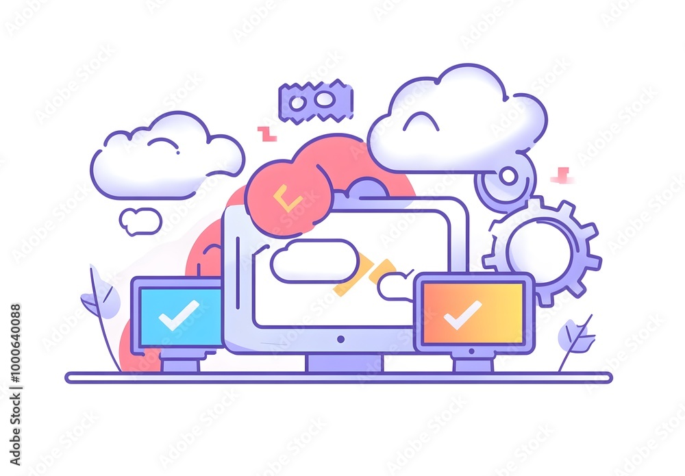 Illustration of an AI software platform with computers, gears, and clouds on a white background. Illustration of an AI software platform with computers, gears, and clouds on a white background.